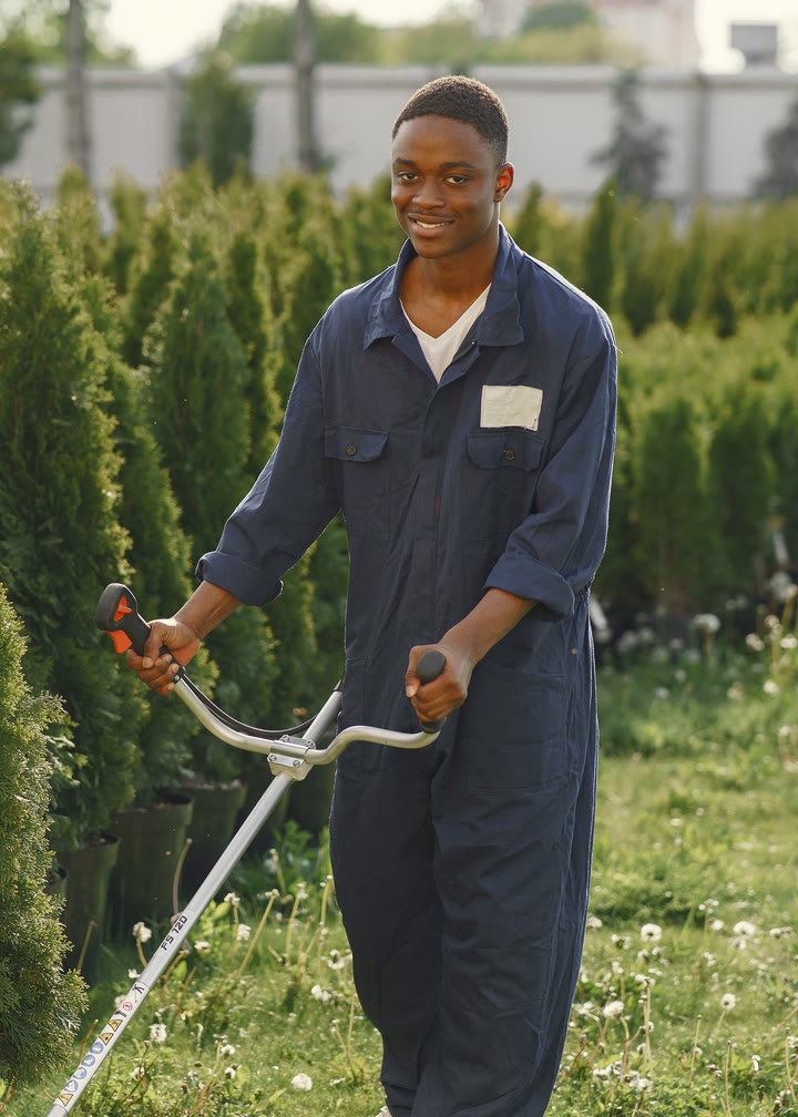 A landscaper trimming hedges on a sunny day